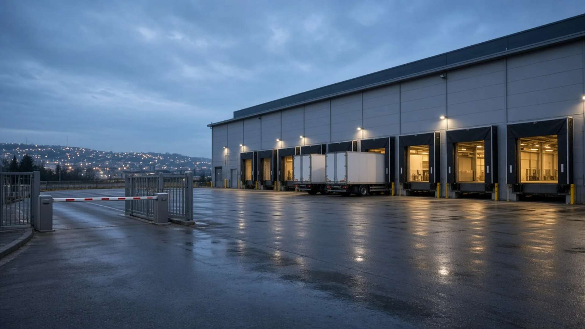 Logistics facility fitted with Pack Door industrial sectional doors, dock levellers and automatic barriers