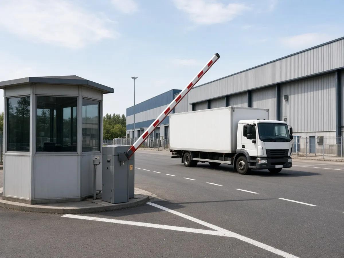 Fabrika ana girişinde kamyon geçişi için açılan otomatik bariyer